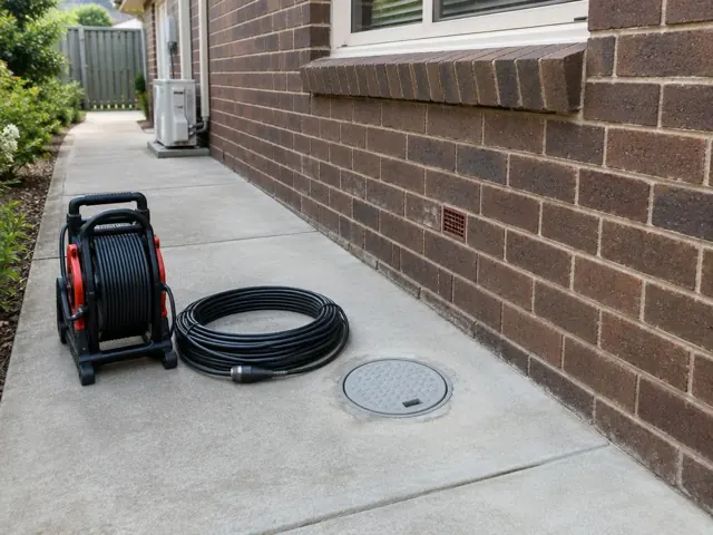 Capped drain inspection opening beside a coiled camera reel on a concrete path next to a brick house in Beecroft